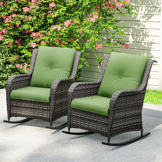 Outdoor Rocking Chair of 2, Wicker Patio Rocker Chair for Yard, Porch, Mixed Brown Grey Rattan, Green Cushions