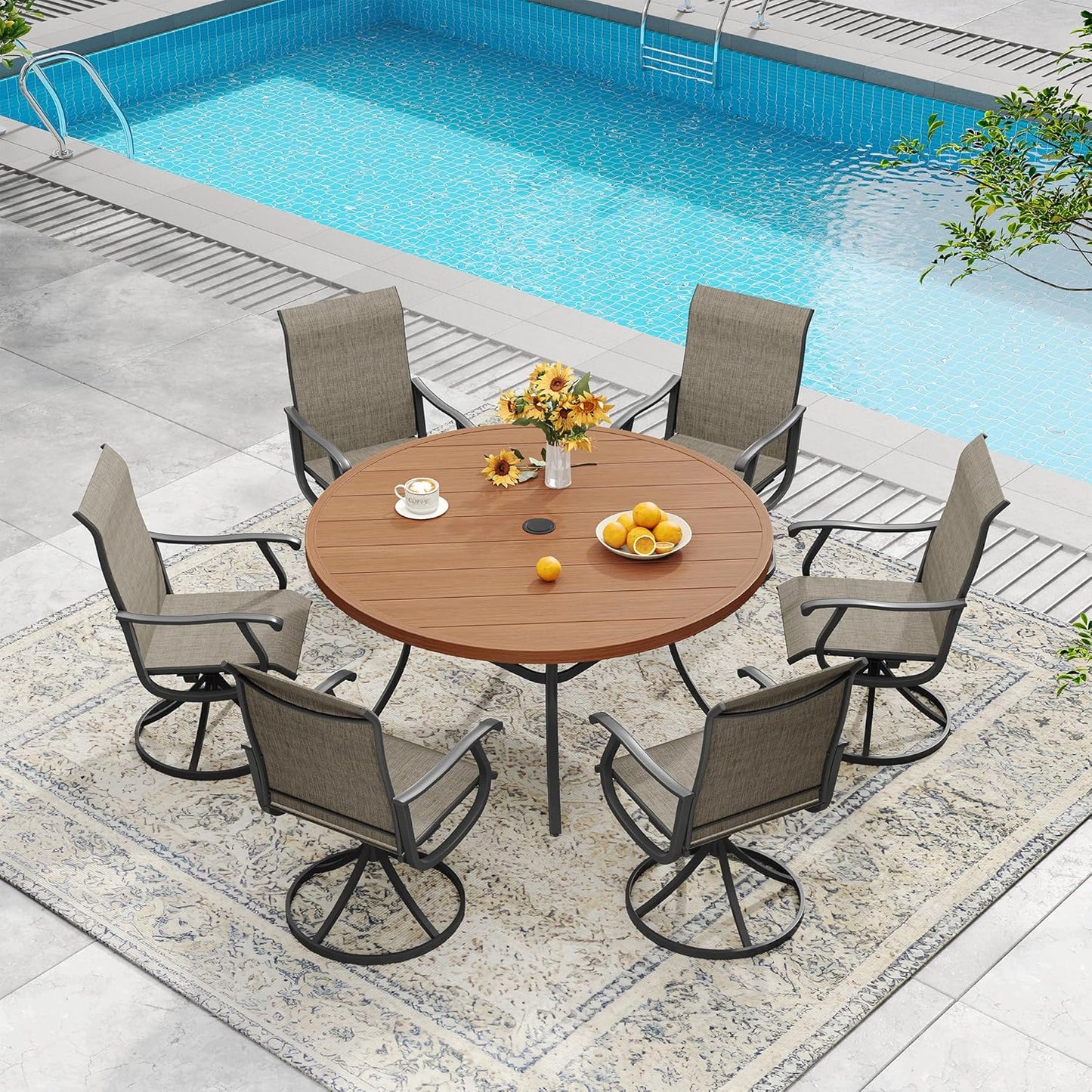 DIFY 50" Round Outdoor Patio Dining Table for 6, Metal Patio Table with 1.57" Adjustable Umbrella Hole, All-Weather Dining Furniture Table for Backyard Lawn Garden, Walnut