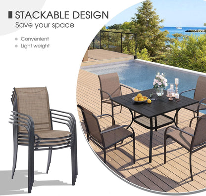 VICLLAX Patio Dining Set for 6, Outdoor Furniture Set Includes 47.2" Round Patio Table and 6 Patio Sling Chairs, Walnut Tabletop and Brown Fabric