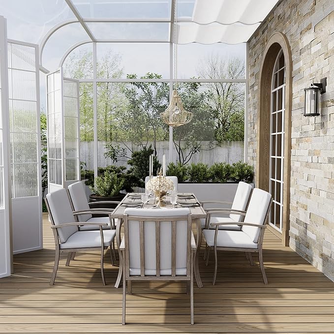 HAPPATIO 7 Piece Patio Dining Set, Aluminum Outdoor Dining Set for 6, Aluminum Dining Table and Chairs Set, Patio Furniture with Table, Chairs and Washable Cushions (Gray)