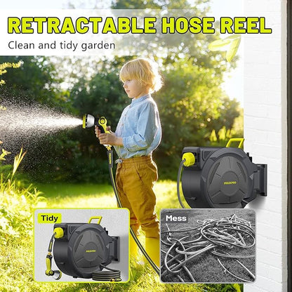 Retractable Garden Hose Reel 1/2 in x 160Ft Extra Long,Heavy Duty Automatic Water Hose Reel Wall Mounted with 10 Pattern Nozzle, Any Length Lock, Slow Return System, 180°Swivel Bracket