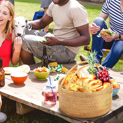 11"×11"×5" Rattan Picnic Basket with Handles, Large Round Gift Basket, Hand-Woven Basket for Fruit, Empty Gift Basket for Festival, Wedding, Camping