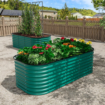 MUPATER 9-in-1 Galvanized Steel Planter Box, 24''H Modular Garden Bed Outdoor with 2 Aluminum Support Rods, 6x3x2FT Raised Garden Bed Kit Oval for Herbs, Vegetables and Flowers, Garden, Green