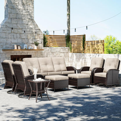 Joyside 9 Piece Patio Furniture Set, Outdoor Wicker Conversation Sets with Swivel Rocker Chairs and Sofa, Thick Cushion, Rattan Patio Sectional for Porch, Deck Use (Brown/Beige, 9 PCS)