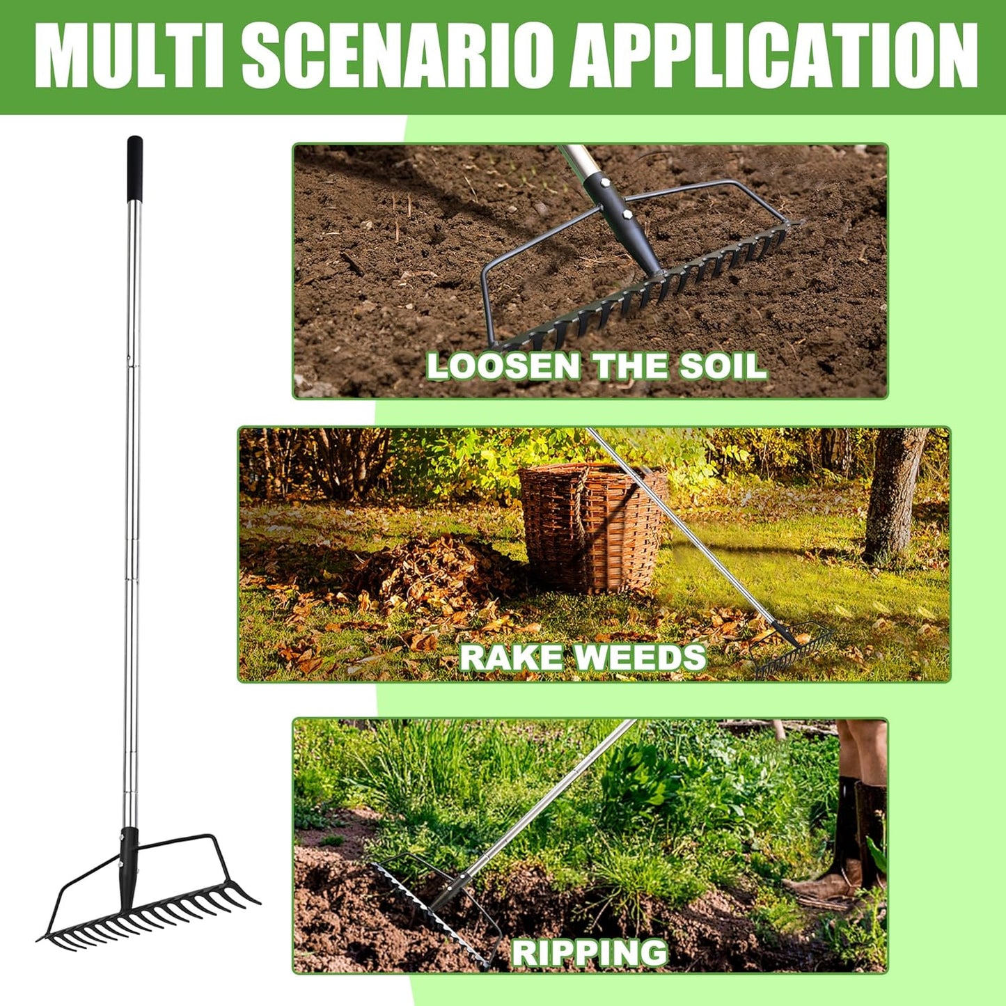 Garden Rake, Metal Sturdy and Heavy Duty Metal Rake, 16-Tine Bow Rake with Adjustable Stainless Steel Handle, Long Shaft for Loosening Soil, Leveling Mulch, Gathering Leaves
