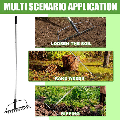 Garden Rake, Metal Sturdy and Heavy Duty Metal Rake, 16-Tine Bow Rake with Adjustable Stainless Steel Handle, Long Shaft for Loosening Soil, Leveling Mulch, Gathering Leaves