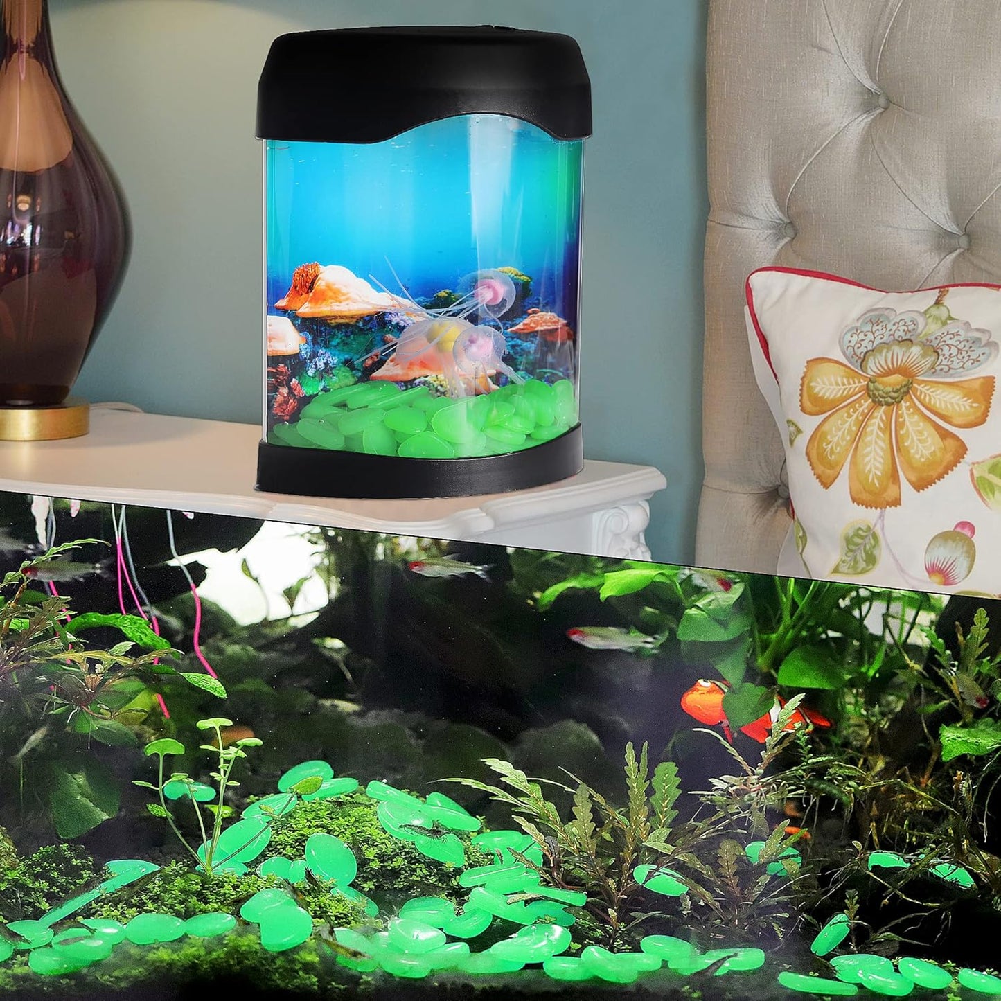 OSOPOLA 150 PCS Luminous Stones - Green Glow Rocks Decorations DIY Decorative Pebbles for Aquarium Fish Tank Sidewalk Garden Path Patio Terrace Lawn Yard Jade Ornaments Vert Cobbles Decor FD05GR150