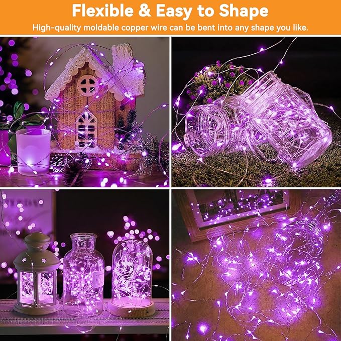 Solar String Lights Outdoor Waterproof 2 Pack Total 66ft 200LED 8 Modes Twinkle Lights Solar Fairy Lights for Patio, Garden Yard Party Wedding Tree Christmas Halloween Decoration, Purple