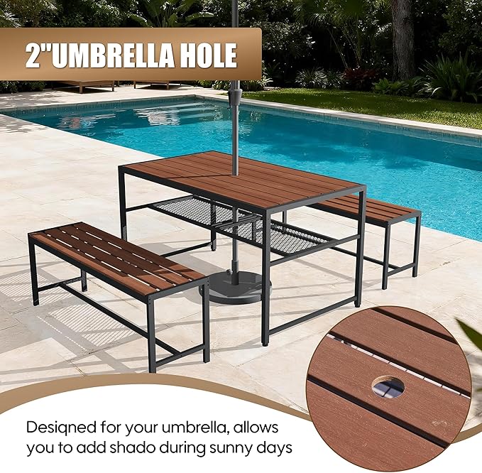 55'' Outdoor Picnic Table and Bench Set with 2" Umbrella Hole and Storage Shelf, Patio Dining Set for 6 People, Outdoor Dining Table and Chair for Garden Yard Porch- Brown