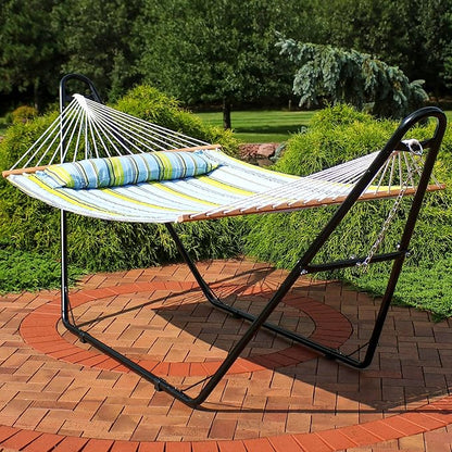 Sunnydaze Double Quilted Fabric Hammock with Universal Steel Stand - 450-Pound Capacity - Black Stand - Blue and Green