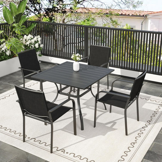 5-Piece Patio Dining Set, 35-Inch Square Outdoor Table with 4 Stackable Mesh Chairs, Black Metal All Weather Frame Set