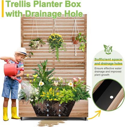 FENCY Metal Raised Garden Bed with Wheels and Trellis,73"x47"x16" Planter Box for Climbing Plants, Vegetables & Vines, Features Privacy Screen and Drainage Holes (Natural Wood Color)