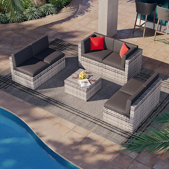 Aoxun Outdoor Replacement Cushions for Patio Furniture, Waterproof Sofa Cushion for 6-Seat Rattan Wicker Sectional Patio Conversation Sets, 14-Piece Cushions Set for L-Shape Couch, Black