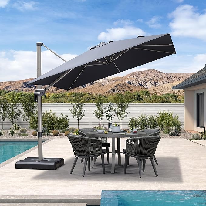 PURPLE LEAF 9' X 9' Patio Umbrella Outdoor Cantilever Umbrella, Aluminum Offset Umbrella with Champagne Frame and 360° Rotation for Pool Deck Garden, Grey