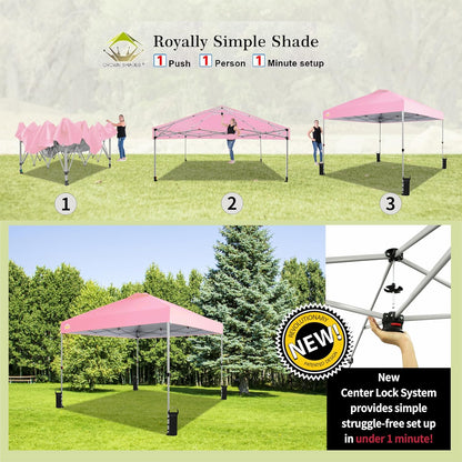 CROWN SHADES 10x10 Pop Up Canopy - Beach Tent with One Push Setup - Easy Outdoor Sun Shade for Events, Parties, Camping - Gazebo with STO-N-Go Cover Bag, Silver Coated Top, Pink