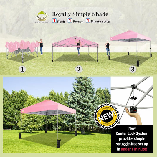CROWN SHADES 10x10 Pop Up Canopy - Beach Tent with One Push Setup - Easy Outdoor Sun Shade for Events, Parties, Camping - Gazebo with STO-N-Go Cover Bag, Silver Coated Top, Pink