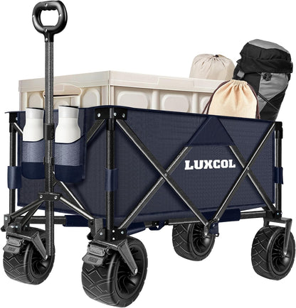 LUXCOL Collapsible Folding Wagon, Heavy Duty Utility Beach Wagon Cart for Sand with Big Wheels, Adjustable Handle&Drink Holders for Shopping, Camping,Garden and Outdoor Dark Blue
