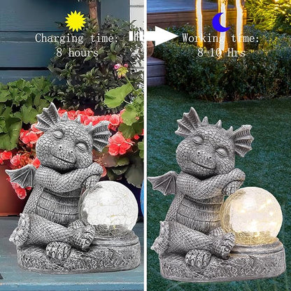 Garden Outdoor Dragon Statue Holding Solar Magic Orb LED Light Resin Adorable Baby Dragon Figurines for Patio Balcony Yard Lawn Garden Unique Housewarming Gift for Mom Grandma