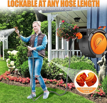 1/2" x 150 ft Retractable Hose Reel, Heavy Duty Retractable Garden Hose Reel Wall Mounted with 10-Pattern Hose Nozzle/Any Length Lock/Slow Return System/180°Swivel Bracket,Orange