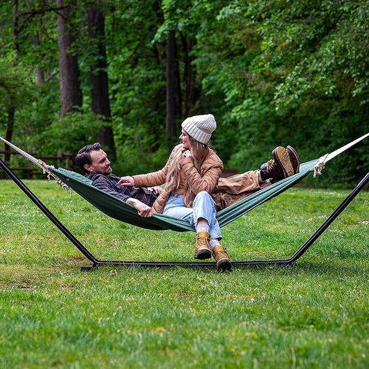 SUNCREAT Hammocks Extra Large Double Hammock with 12 ft Stand, 475lbs Capacity, Outdoor Portable Hammock with Hardwood Spreader Bar, Extra Large Pillow, Gray Green
