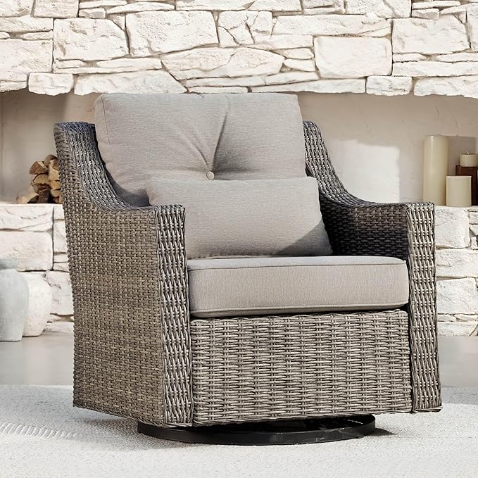 CHITA Patio Wicker Chair, 360° Rocking Swivel Outdoor Rattan Chair with Thickened Cushions for Backyard, Poolside, Garden or Porch