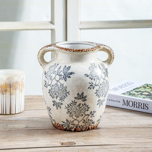 Enra Vintage vase with Handle,Blue and White Ceramic Decorative Flower vase, Chinoiserie Floral Vase,Large Rustic Vases for Home Decors, Living Room, Bookshelf, Office,7.8 in