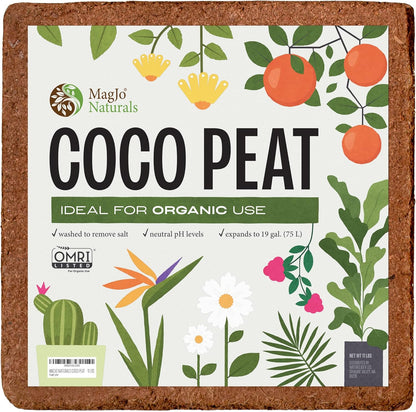 MagJo Naturals 100% Pure Coco Coir (Coco Peat) 11 Pound Block (5kg, OMRI Listed for Organic Gardening, Coconut Coir - Low EC and pH Balance - High Expansion Coco Fiber for Herbs, Flowers, Planting