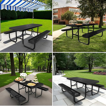 4FT Rectangular Steel Outdoor Picnic Table,Commercial Black Picnic Table Bench Set with Umbrella Hole, Weather-Resistant Heavy Duty School Dining Table for Patio, Garden, Backyard