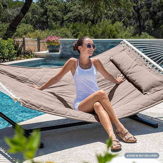 ANOW Double Hammock with Spreader Bars and Detachable Pillow, 2 Person Hammock for Outside, 450 LBS Weight Capacity, Light Brown