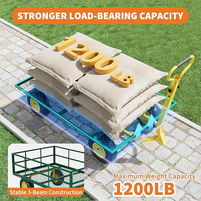 1200LB Capacity Garden Cart, 3-in-1 Heavy Duty Utility Wagon with 13" All-Terrain Tires, Removable Mesh Sides & 180° Swivel Handle - Outdoor Yard Cart for Gardening, Farming, Patio Use