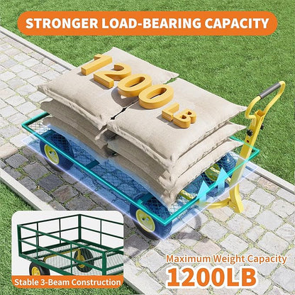 1200LB Capacity Garden Cart, 3-in-1 Heavy Duty Utility Wagon with 13" All-Terrain Tires, Removable Mesh Sides & 180° Swivel Handle - Outdoor Yard Cart for Gardening, Farming, Patio Use