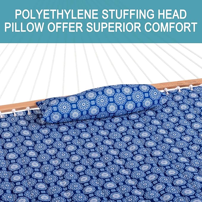 Lazy Daze Hammocks 12FT Quilted Fabric Hammock with Soft Pillow, Double 2 Person Tree Hammock with Spreader Bar for Outdoor Patio Backyard Poolside, 450lbs Weight Capacity, Blue Floral