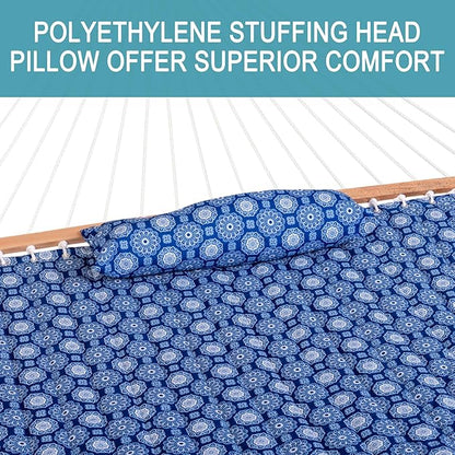 Lazy Daze Hammocks 12FT Quilted Fabric Hammock with Soft Pillow, Double 2 Person Tree Hammock with Spreader Bar for Outdoor Patio Backyard Poolside, 450lbs Weight Capacity, Blue Floral