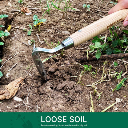 Berry&Bird Japanese Weeder-Scraper-Hoe, 12.67-Inch Gardening Sickle Hoe, Stainless Steel Bent Angle Weeding Sickle, Weeder Hoe with Ergonomic Ash Wood Handle for Weeding, Soil loosening, Digging