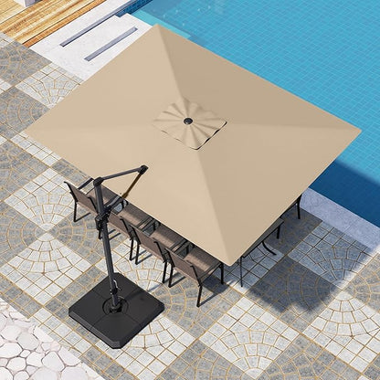 PHI VILLA 9'x12' Outdoor Patio Deck Umbrella with Base. 360° Rotation & 6-Level Tilt with Easy Crank Handle. Rectangle Offset Cantilever Umbrella Heavy Duty for Garden Poolside Backyard (Beige)