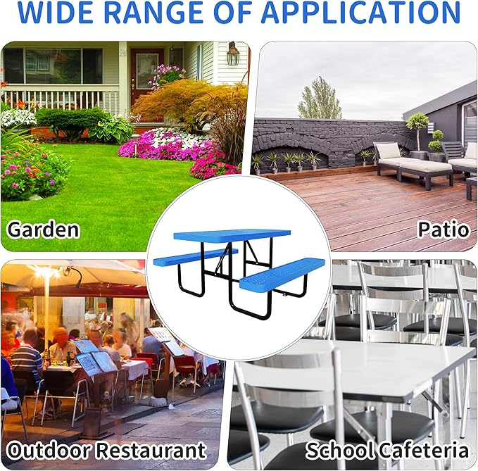 72'' Rectangular Steel Picnic Table for Outdoors,Commercial Metal Picnic Table Bench Set with Umbrella Hole,School Canteen Table W/Seats - Heavy Duty Sturdy Picnic Tables Furniture for Patio Garden