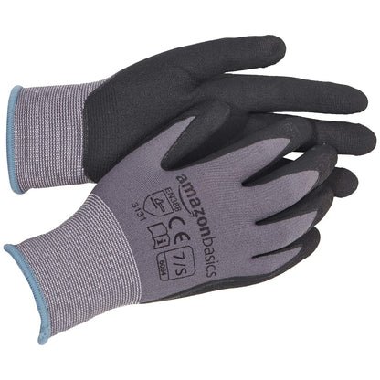 Amazon Basics Micro-Foam Nitrile Coated Work Gloves, Nylon Liner Fiber, Touch Screen, Grey, Size 7/S, 12-Pair