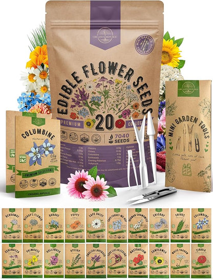 Organo Republic 20 Edible Flower Seeds Variety Pack- Indoor/Outdoor. 7000+ Non-GMO Heirloom: Borage, Bergamot, Nasturtium, Chives, Cape Daisy, Hyssop, Zinnia Seeds & More