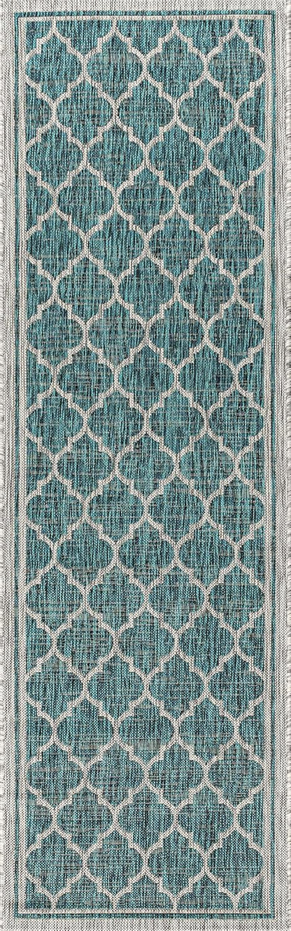 Eyely BMS109E-210 Santa Monica Trebol Moroccan Trellis Textured Weave Indoor/Outdoor Runner Rug Coastal;Bohemian, Bedroom, Backyard, Patio, Easy-Cleaning, Non-Shedding, 2 X 10, Teal/Gray