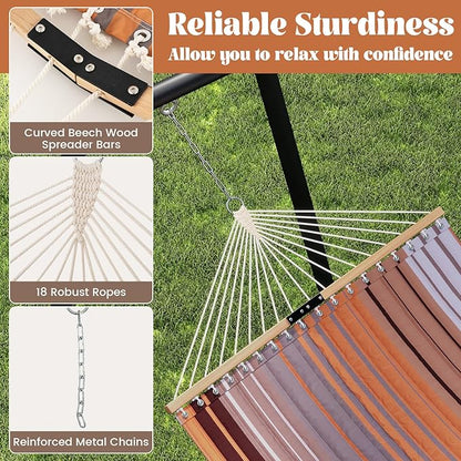 Tangkula 10.5FT Double Hammock, Heavy Duty Outdoor Hammock with Curved Spreader Bars, Detachable Pillow, 2 Person Hammocks for Outside, Porch, Patio (Stand is not Included) (Coffee)