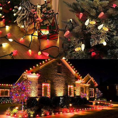Brizled Red & Warm White Christmas Lights, 33ft 100 LED Faceted C5 Christmas String Lights, 120V UL Certified Xmas Tree Light Connectable White Xmas Light Indoor Outdoor for Home Tree Holiday Patio