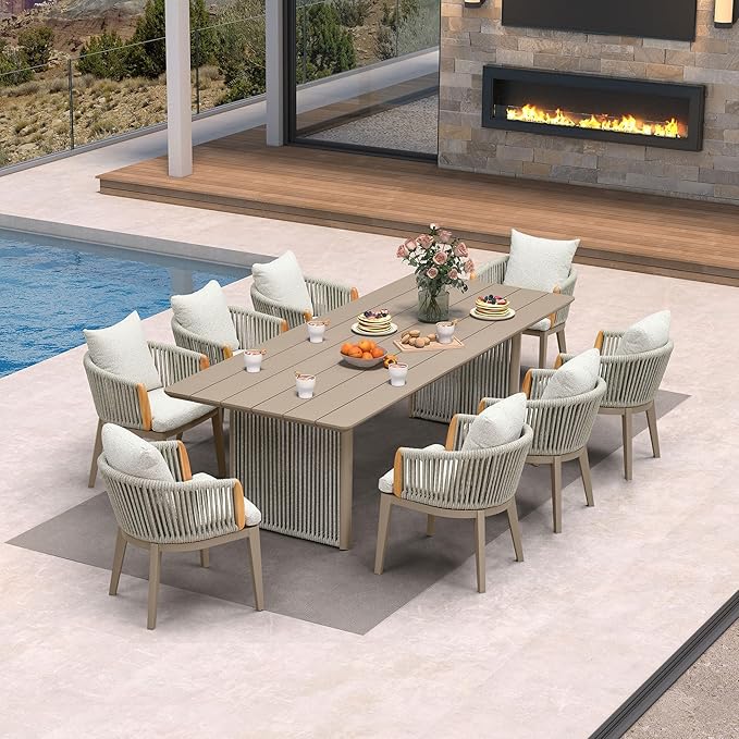 PURPLE LEAF 9 Pieces Outdoor Dining Set for 8, Aluminum Outdoor Patio Table and Chairs Set with Olefin Cushions, All-Weather Patio Dining Set for Garden or Deck, Beige
