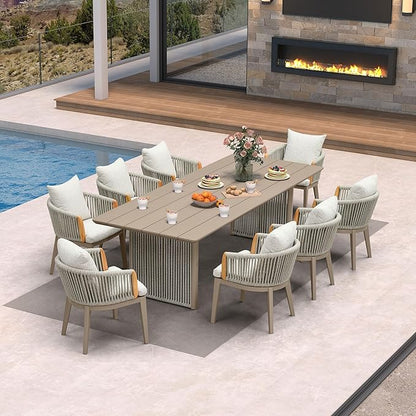 PURPLE LEAF 9 Pieces Outdoor Dining Set for 8, Aluminum Outdoor Patio Table and Chairs Set with Olefin Cushions, All-Weather Patio Dining Set for Garden or Deck, Beige