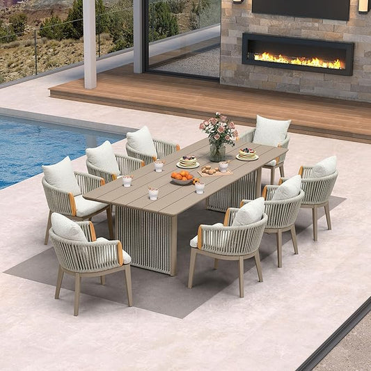 PURPLE LEAF 9 Pieces Outdoor Dining Set for 8, Aluminum Outdoor Patio Table and Chairs Set with Olefin Cushions, All-Weather Patio Dining Set for Garden or Deck, Beige