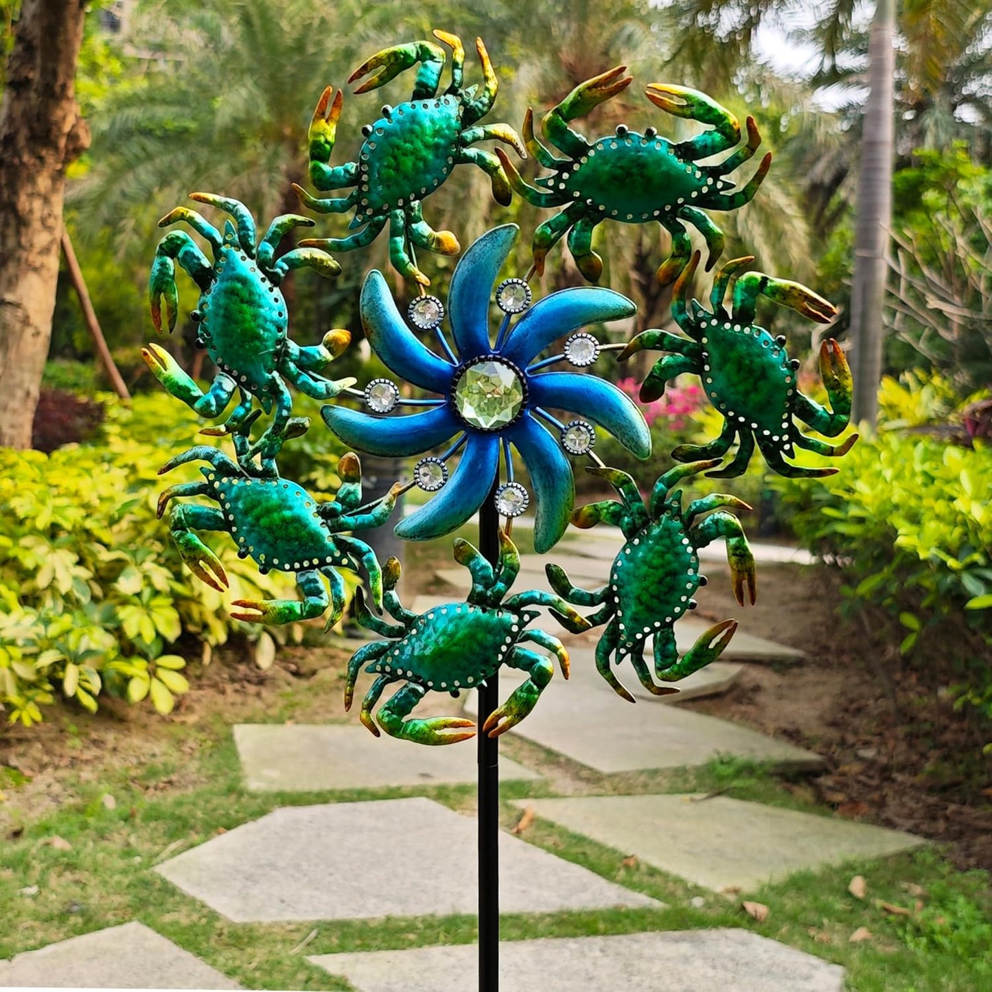 39" Crab Wind Spinners Metal Windmill Garden Stake,Ocean Theme Outdoor Wind Spinner,Wind Sculptures Yard Art Decorations for Patio,Lawn & Garden Decor