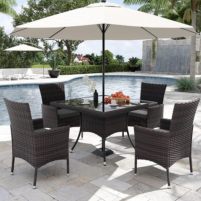 Kurapika 15-Piece Patio Furniture Outdoor Dining Set, Wicker Rattan Patio Dining Table and Chairs Set, Square Tempered Glass Tabletop with Umbrella Hole and 12 Chair Set, Grey