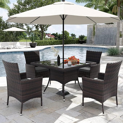 Kurapika 15-Piece Patio Furniture Outdoor Dining Set, Wicker Rattan Patio Dining Table and Chairs Set, Square Tempered Glass Tabletop with Umbrella Hole and 12 Chair Set, Grey