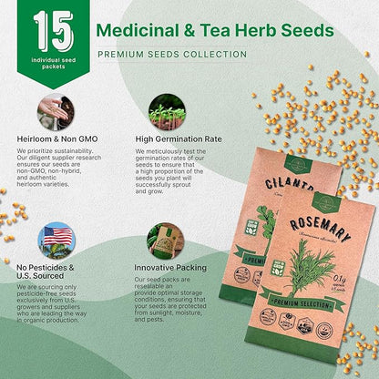 Organo Republic 15 Medicinal & Tea Herb Seeds Variety Pack 6,420+ Non-GMO Heirloom Garden Seeds for Indoor & Outdoors, Including Anise, Borage, Cilantro, Chamomile, Dandelion, Rosemary Seeds