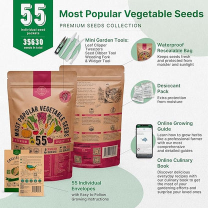 55 Vegetable Seeds Variety Pack - 35,600+ Non-GMO Heirloom Seeds for Planting Vegetables and Fruits in Individual Seed Packets, Home Garden Seeds for Hydroponic, Indoor and Outdoors Gardening
