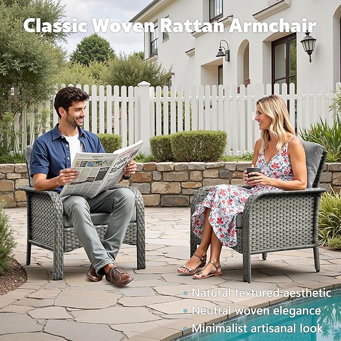 4-Piece Wicker Patio Furniture Set, All-Weather Rattan Conversation Bistro Loveseat Chair and Table Set for Backyard, Balcony and Deck with Soft Cushions and Metal Table(Dark Gray)